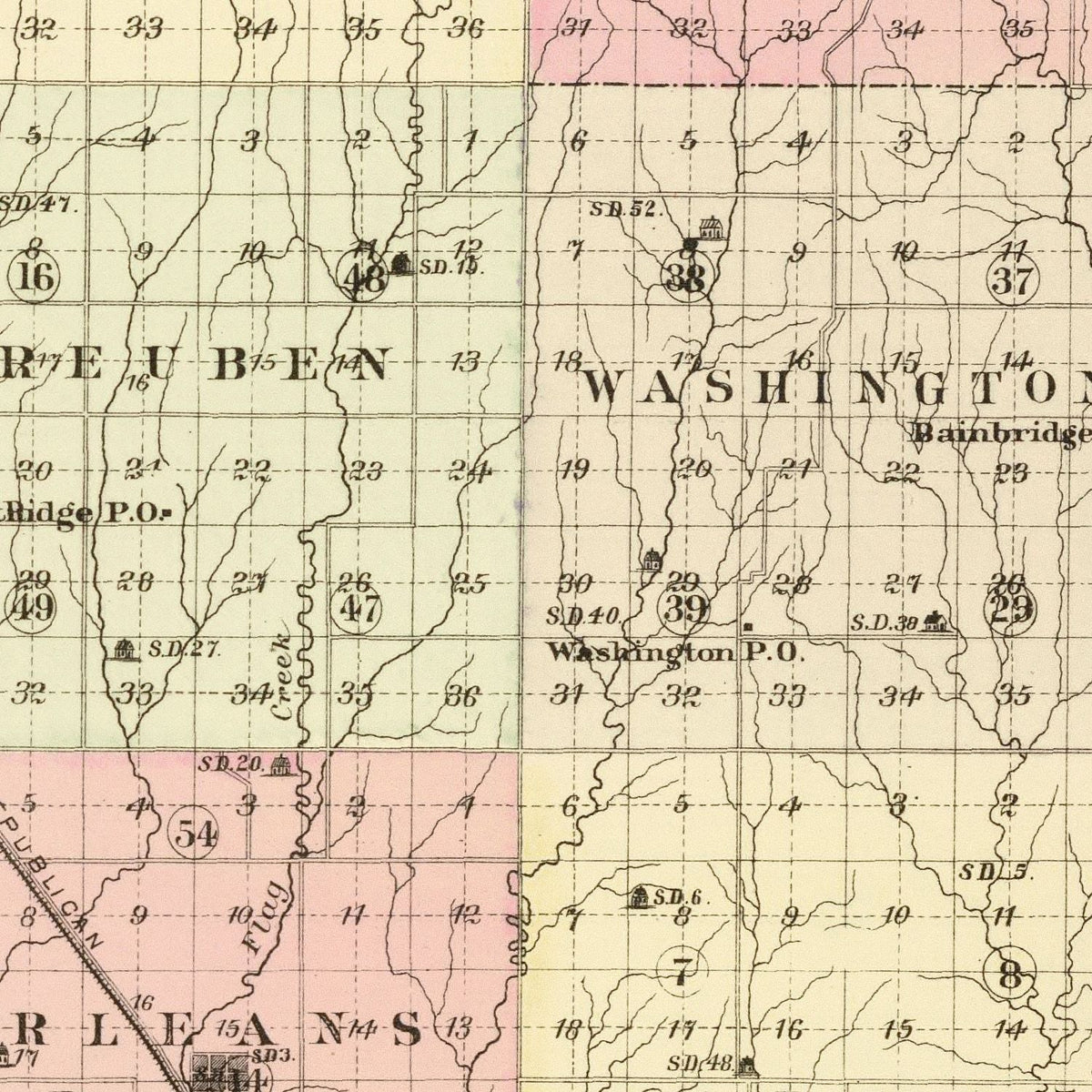 Restored historic details from the 1885 county map of Harlan County, Nebraska