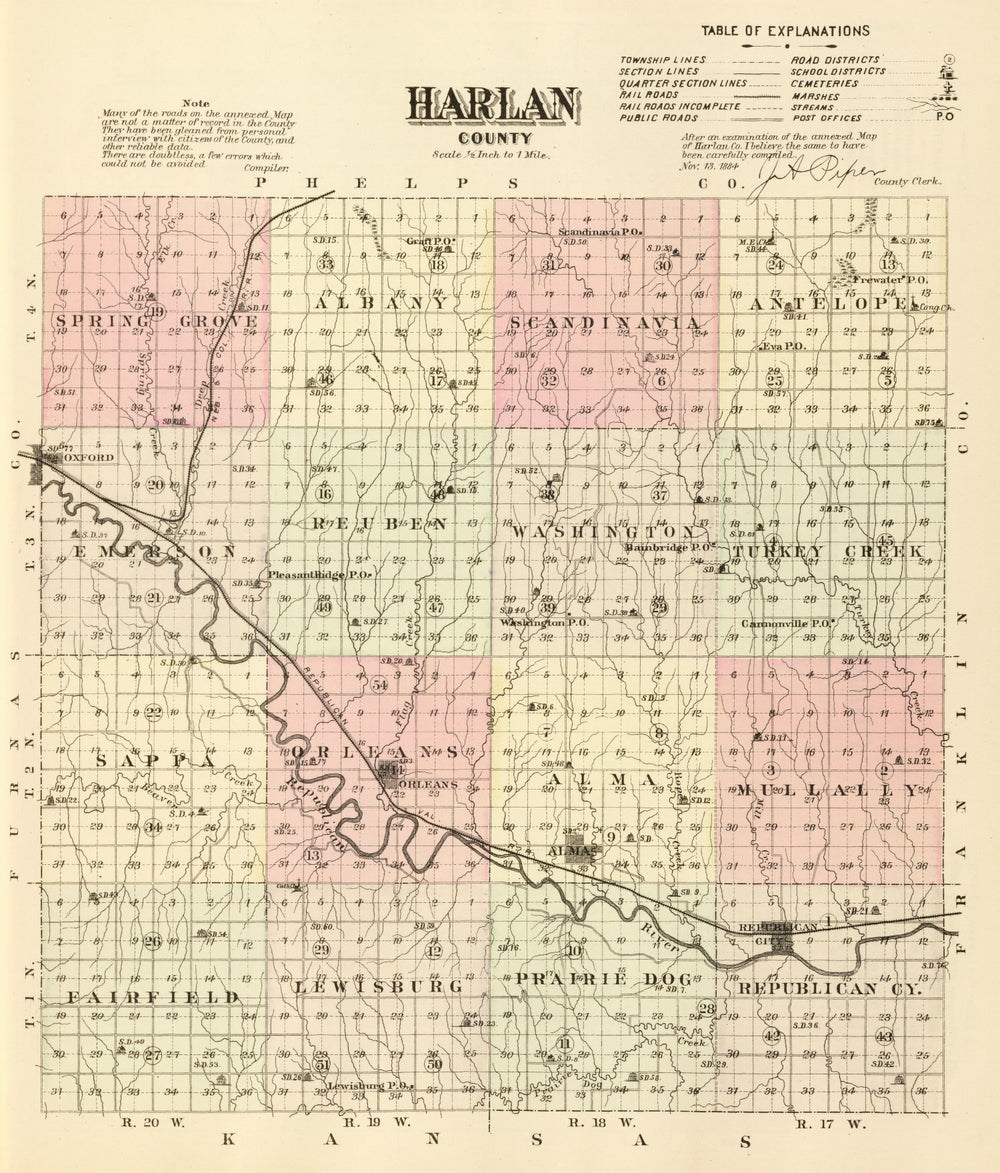 Vintage Map of Harlan County, Nebraska 1885 print style example