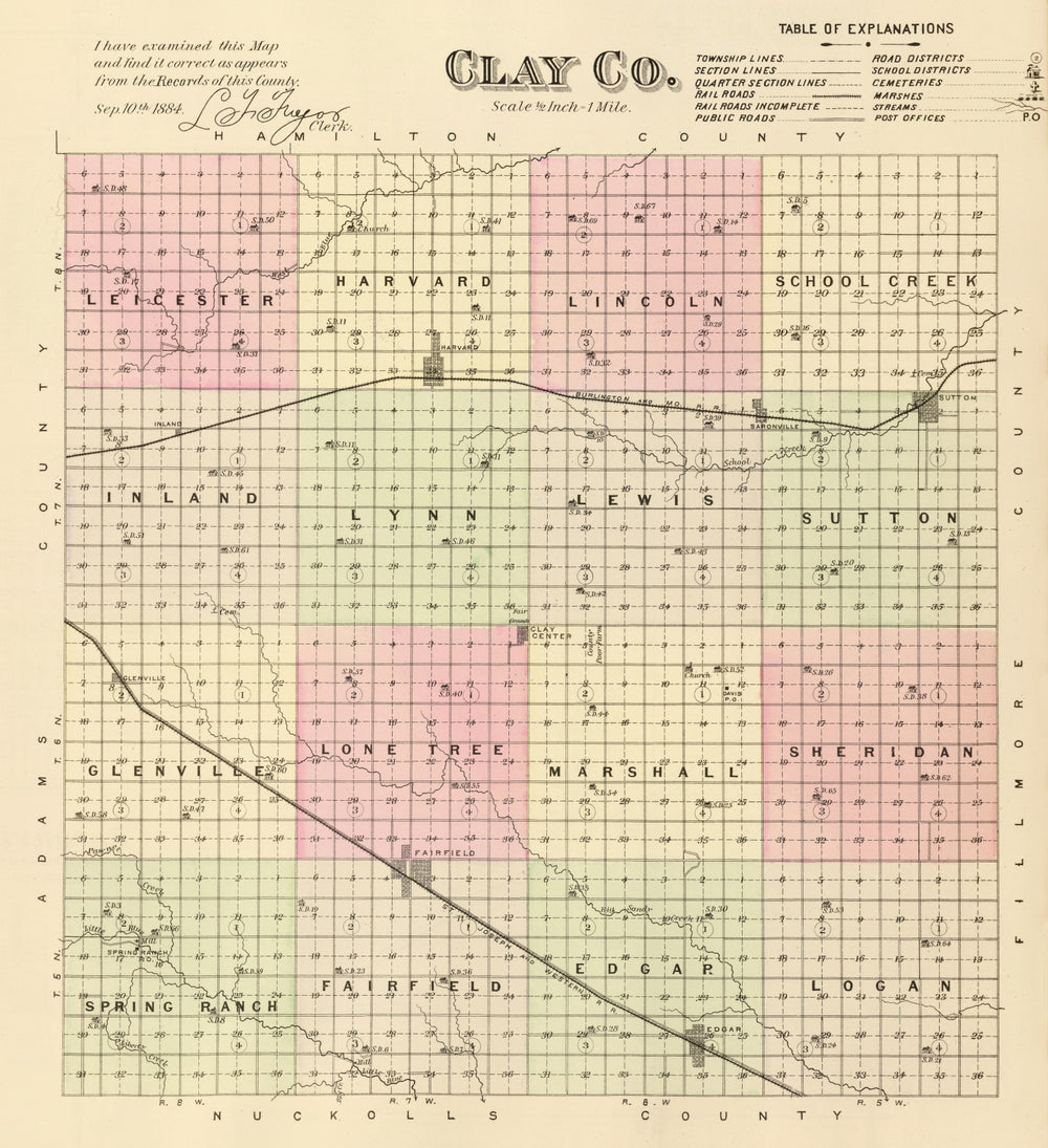 Vintage Map of Clay County, Nebraska 1885 print style example