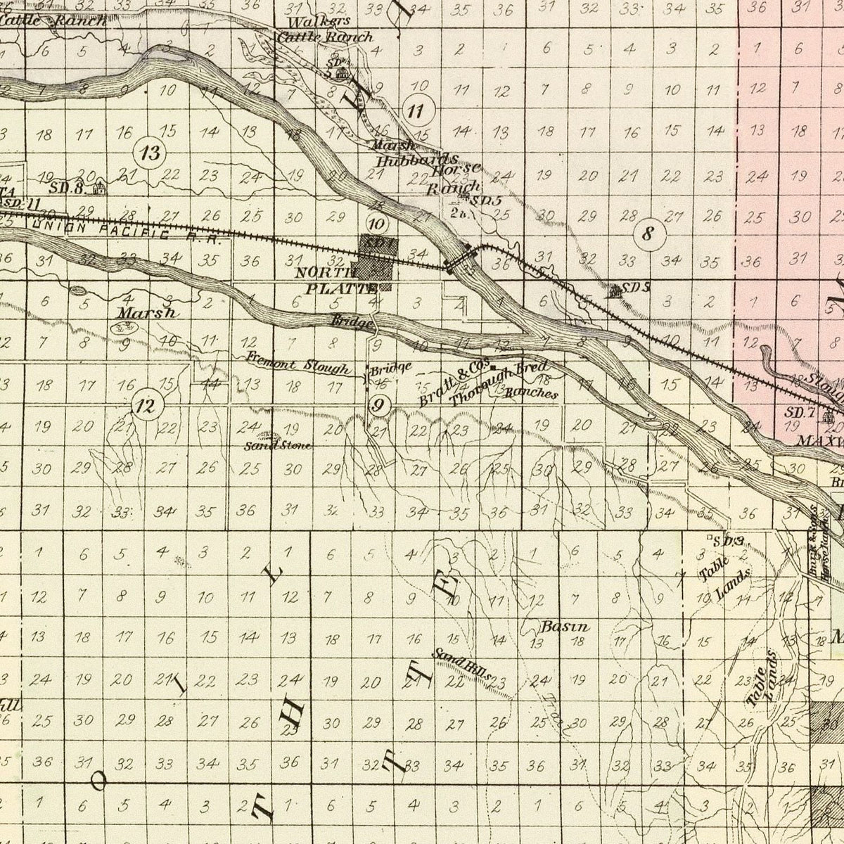 Restored historic details from the 1885 county map of Lincoln County, Nebraska