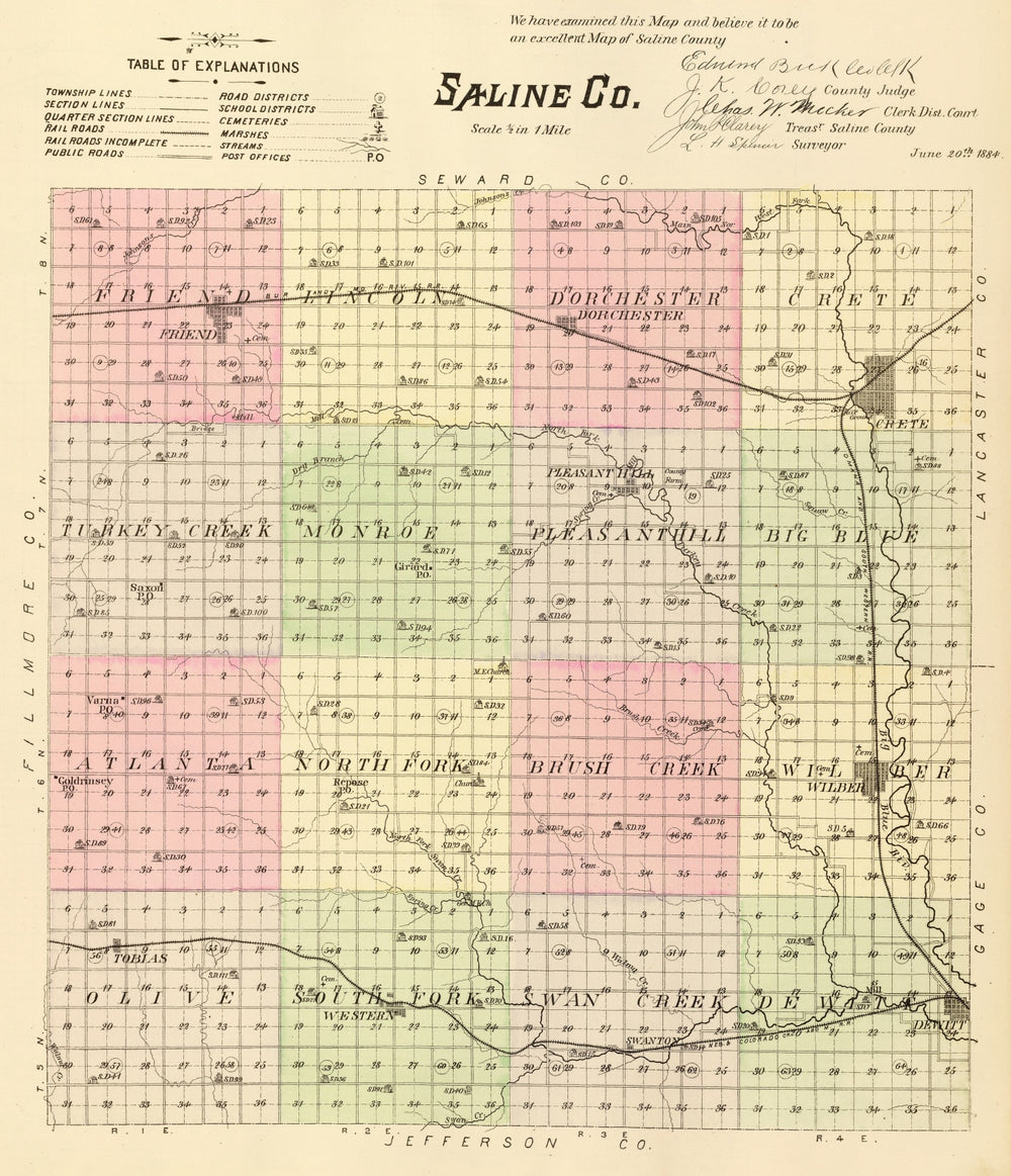 Vintage Map of Saline County, Nebraska 1885 print style example