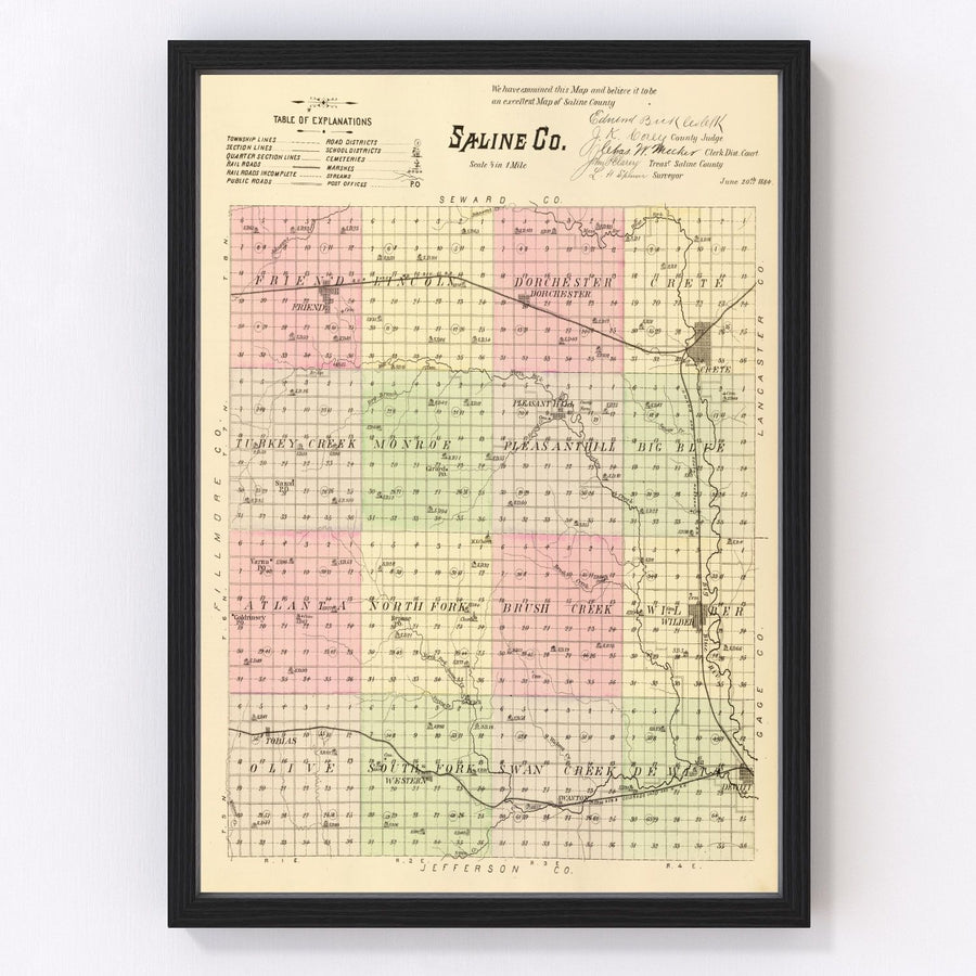 Vintage Map of Saline County, Nebraska 1885