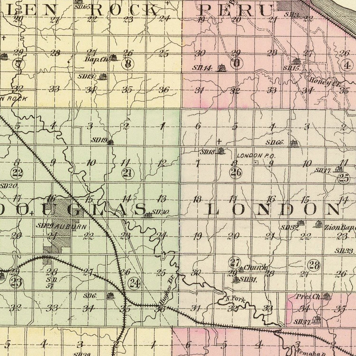 Restored historic details from the 1885 county map of Nemaha County, Nebraska