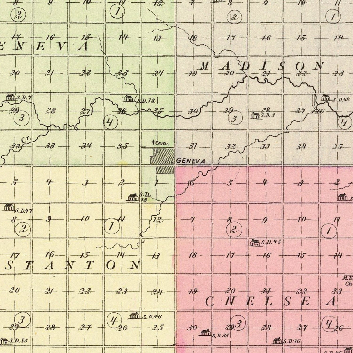 Restored historic details from the 1885 county map of Fillmore County, Nebraska