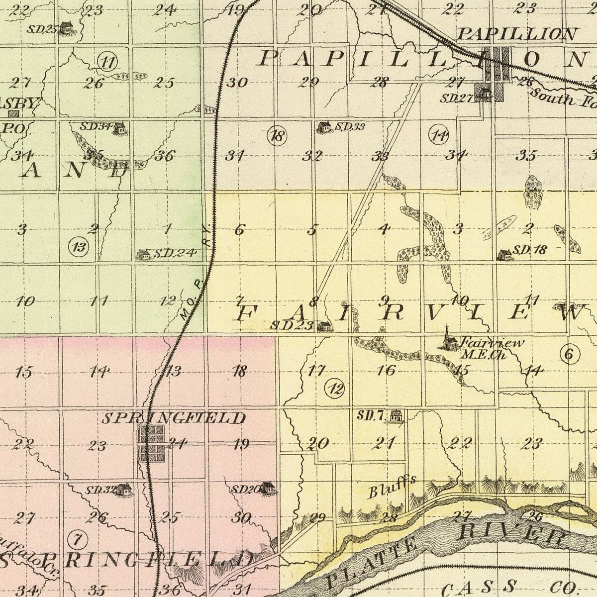 Restored historic details from the 1885 county map of Sarpy County, Nebraska