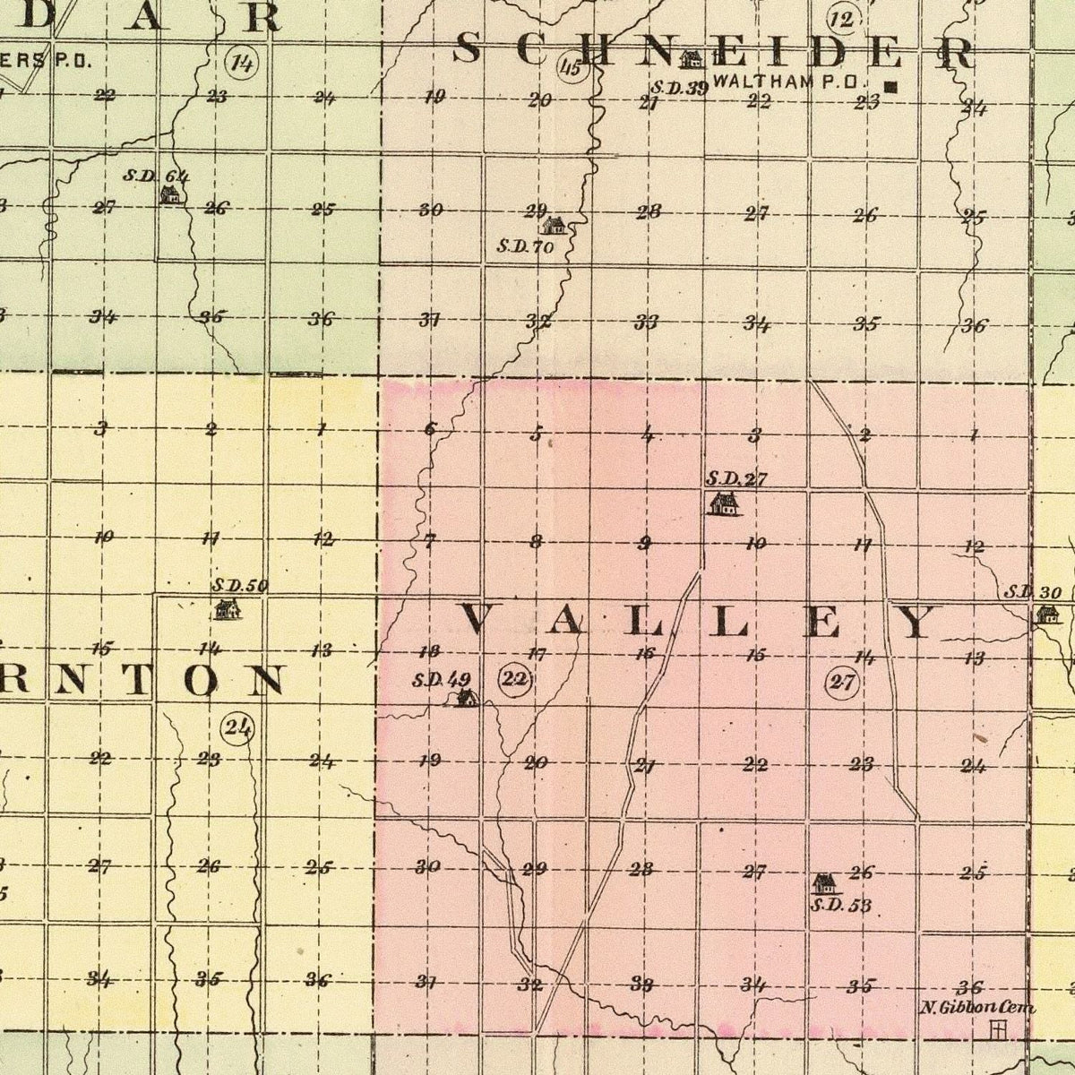 Restored historic details from the 1885 county map of Buffalo County, Nebraska