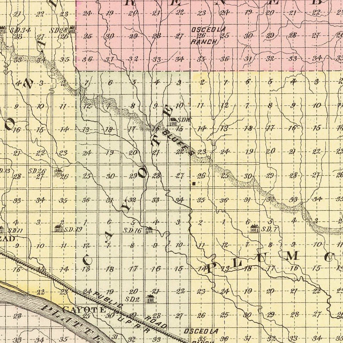 Restored historic details from the 1885 county map of Dawson County, Nebraska