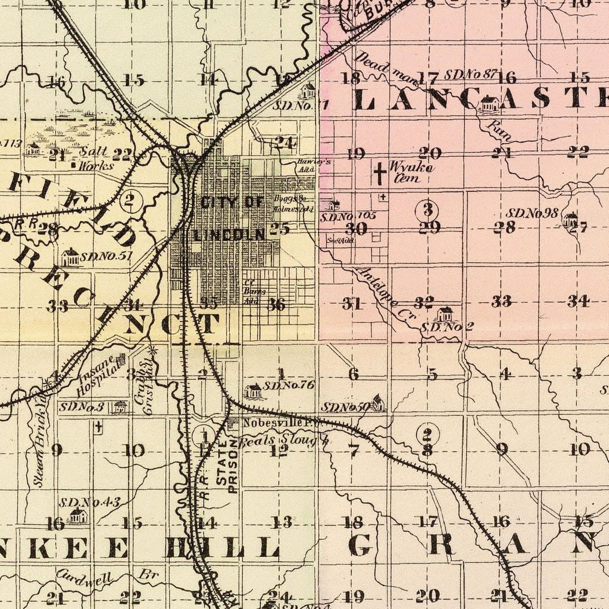 Restored historic details from the 1885 county map of Lancaster County, Nebraska