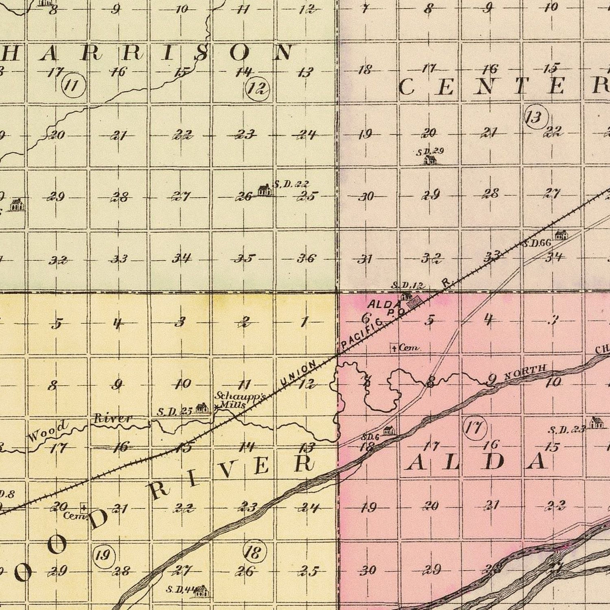 Restored historic details from the 1885 county map of Hall County, Nebraska