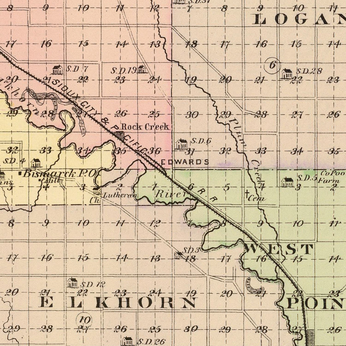 Restored historic details from the 1885 county map of Cuming County, Nebraska