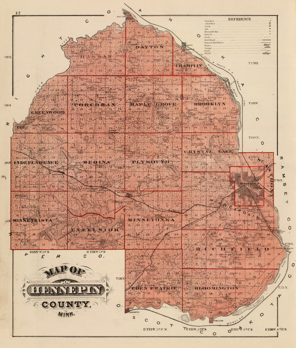 Vintage Map of Hennepin County, Minnesota 1874 print style example