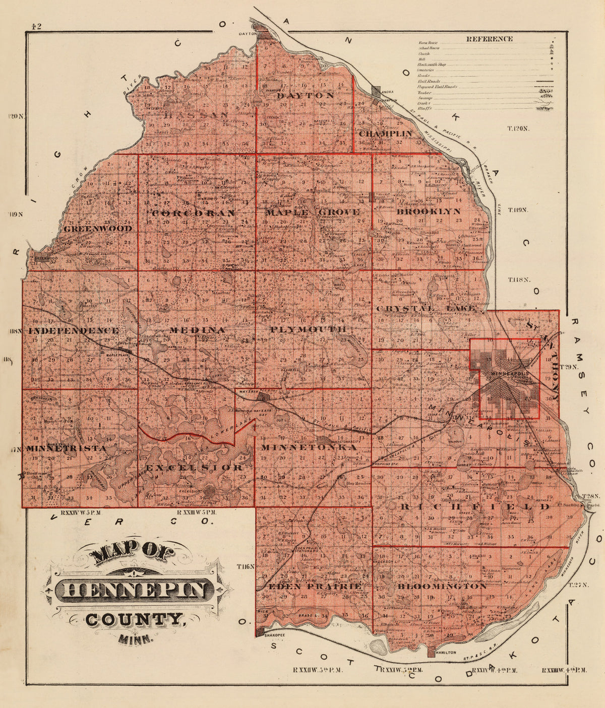 Preview of Vintage Map of Hennepin County, Minnesota 1874