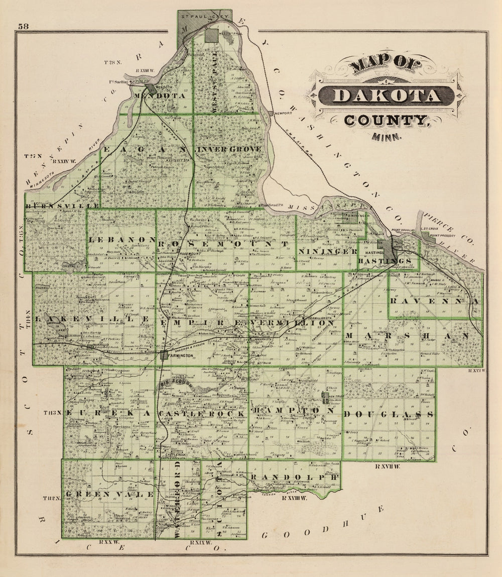 Vintage Map of Dakota County, Minnesota 1874 print style example