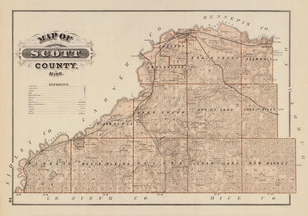 Vintage Map of Scott County, Minnesota 1874 print style example