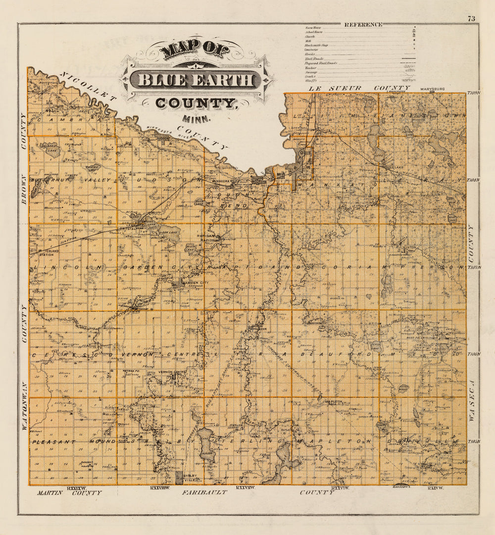 Vintage Map of Blue Earth County, Minnesota 1874 print style example