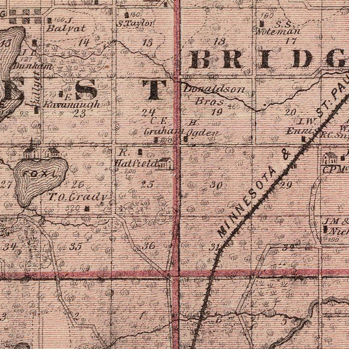 Restored historic details from the 1874 county map of Rice County, Minnesota