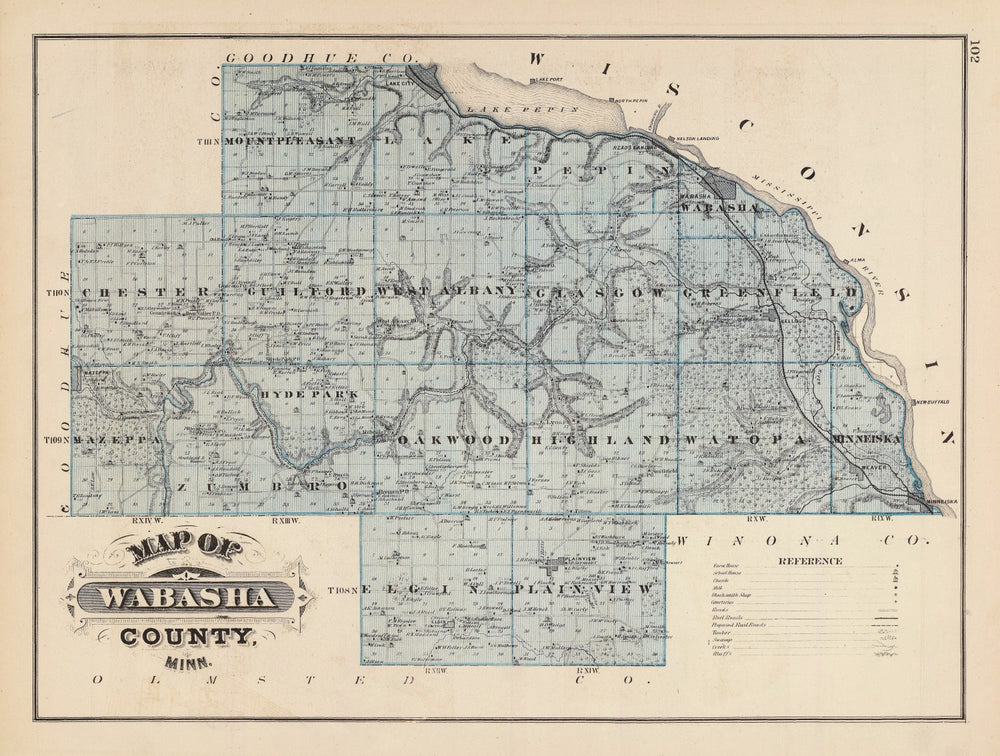 Vintage Map of Wabasha County, Minnesota 1874 print style example