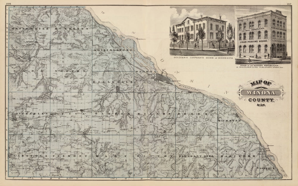 Vintage Map of Winona County, Minnesota 1874 print style example