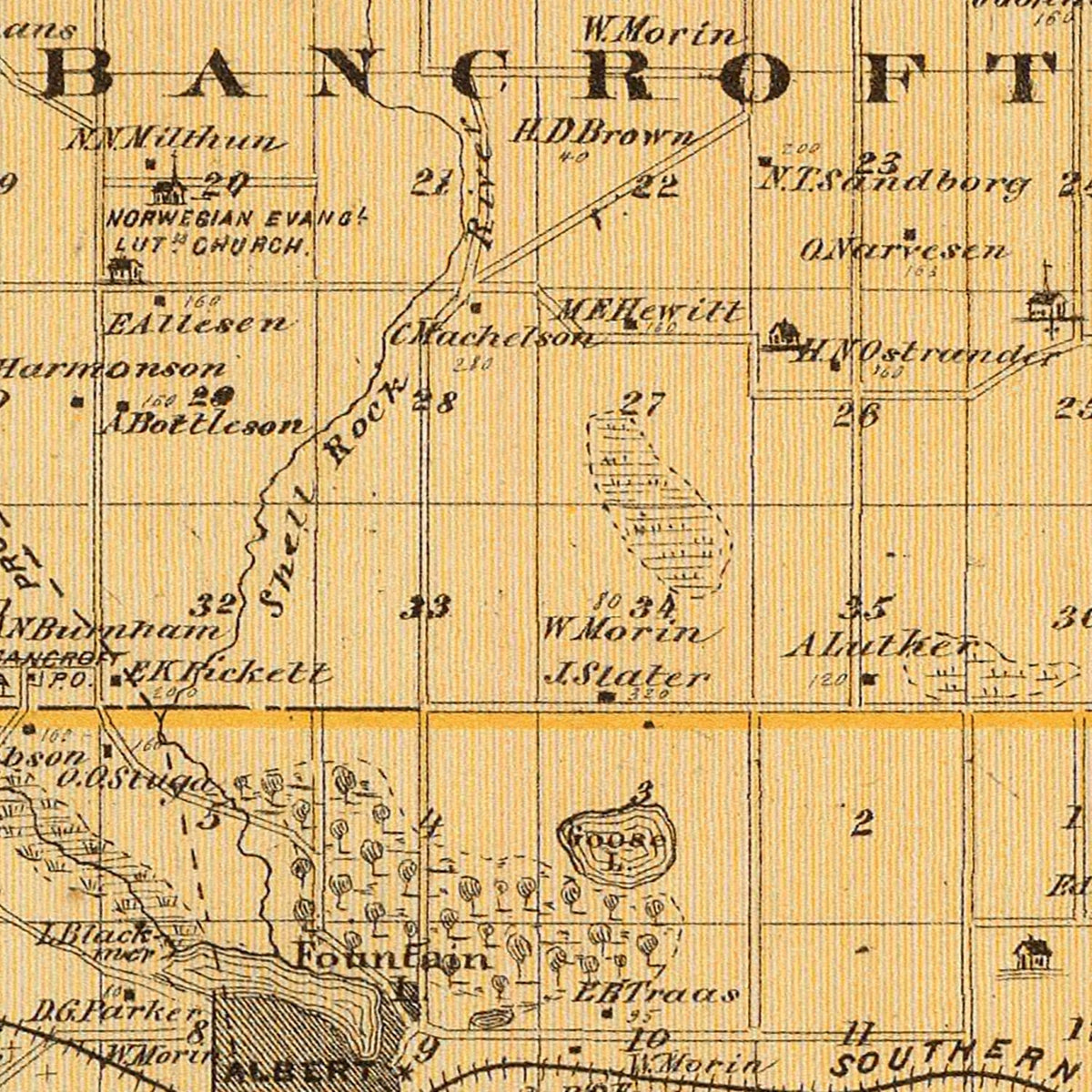 Restored historic details from the 1874 county map of Freeborn County, Minnesota