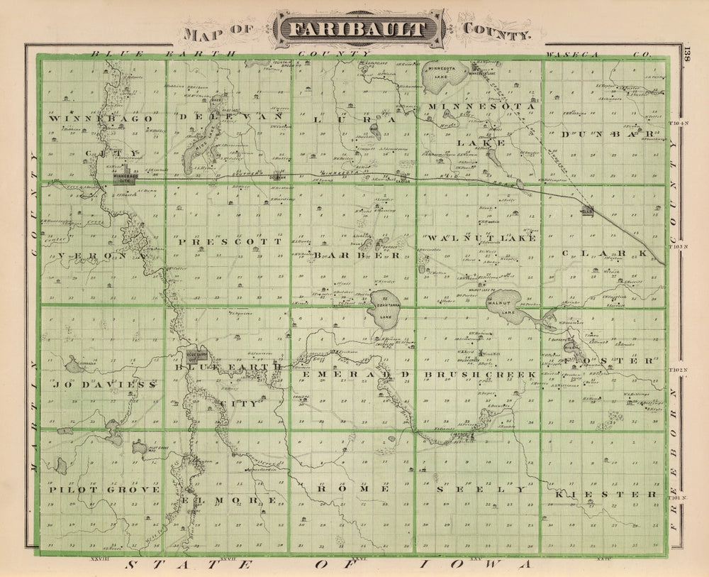 Vintage Map of Faribault County, Minnesota 1874 print style example