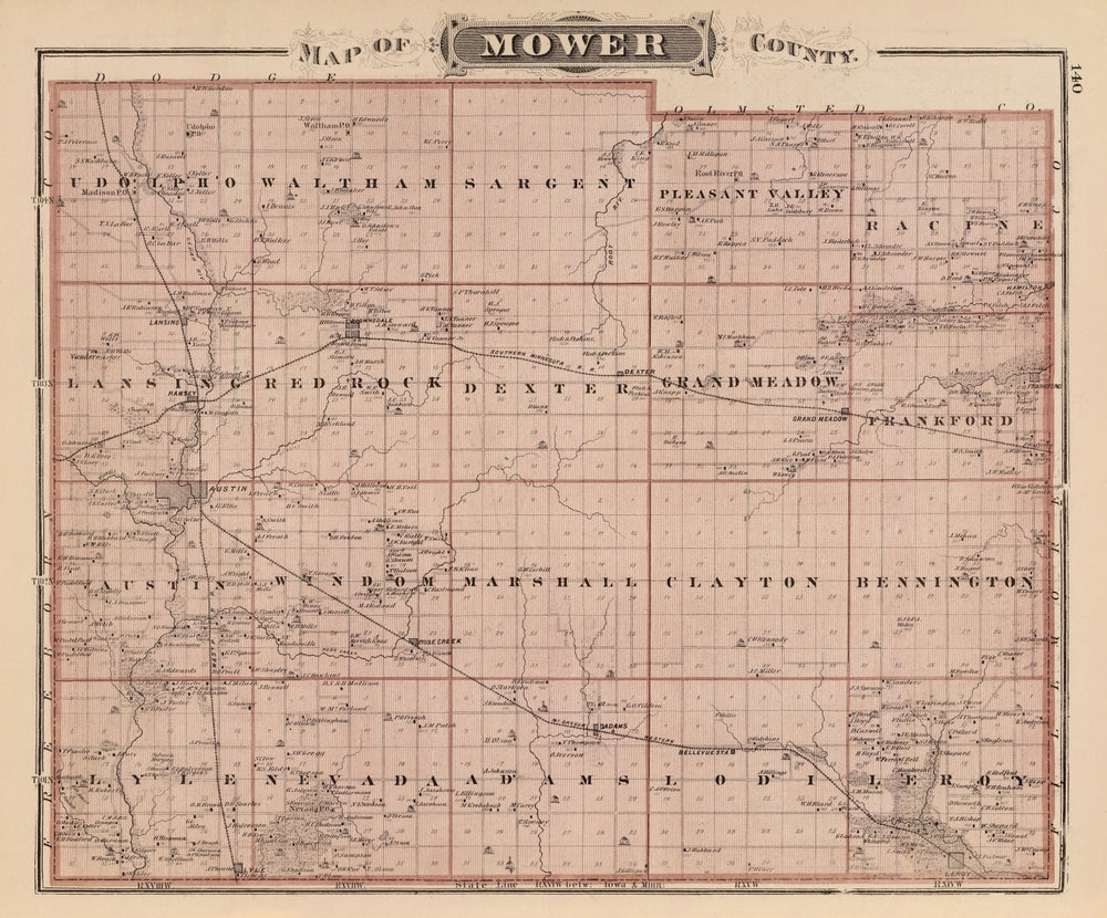 Vintage Map of Mower County, Minnesota 1874 print style example