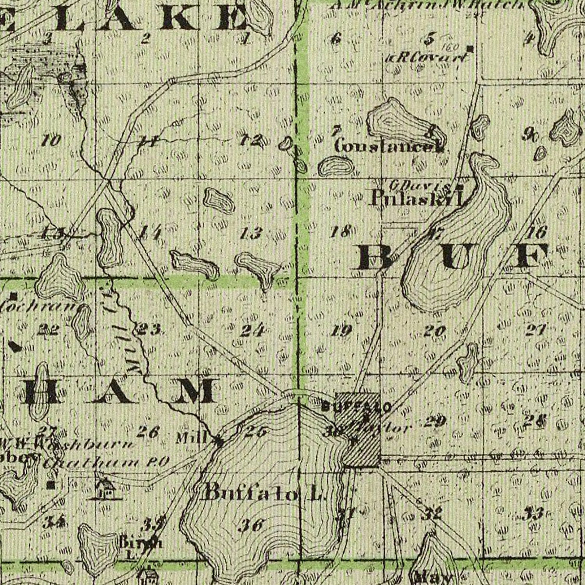 Restored historic details from the 1874 county map of Wright County, Minnesota