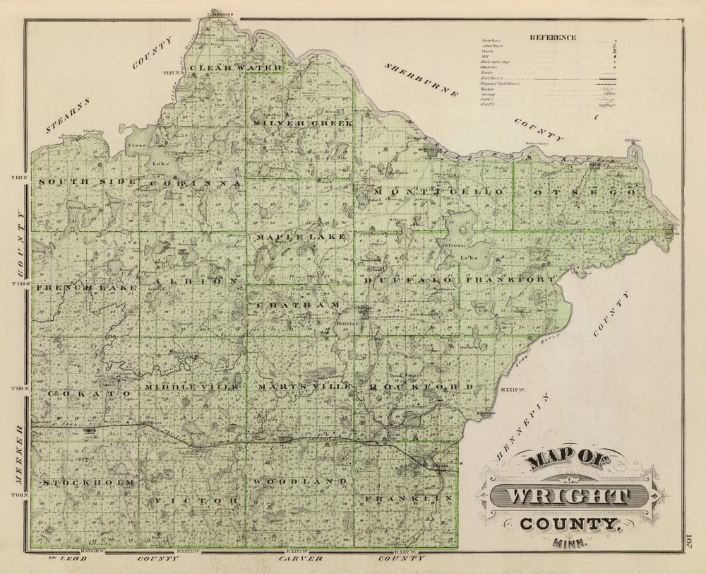 Vintage Map of Wright County, Minnesota 1874 print style example