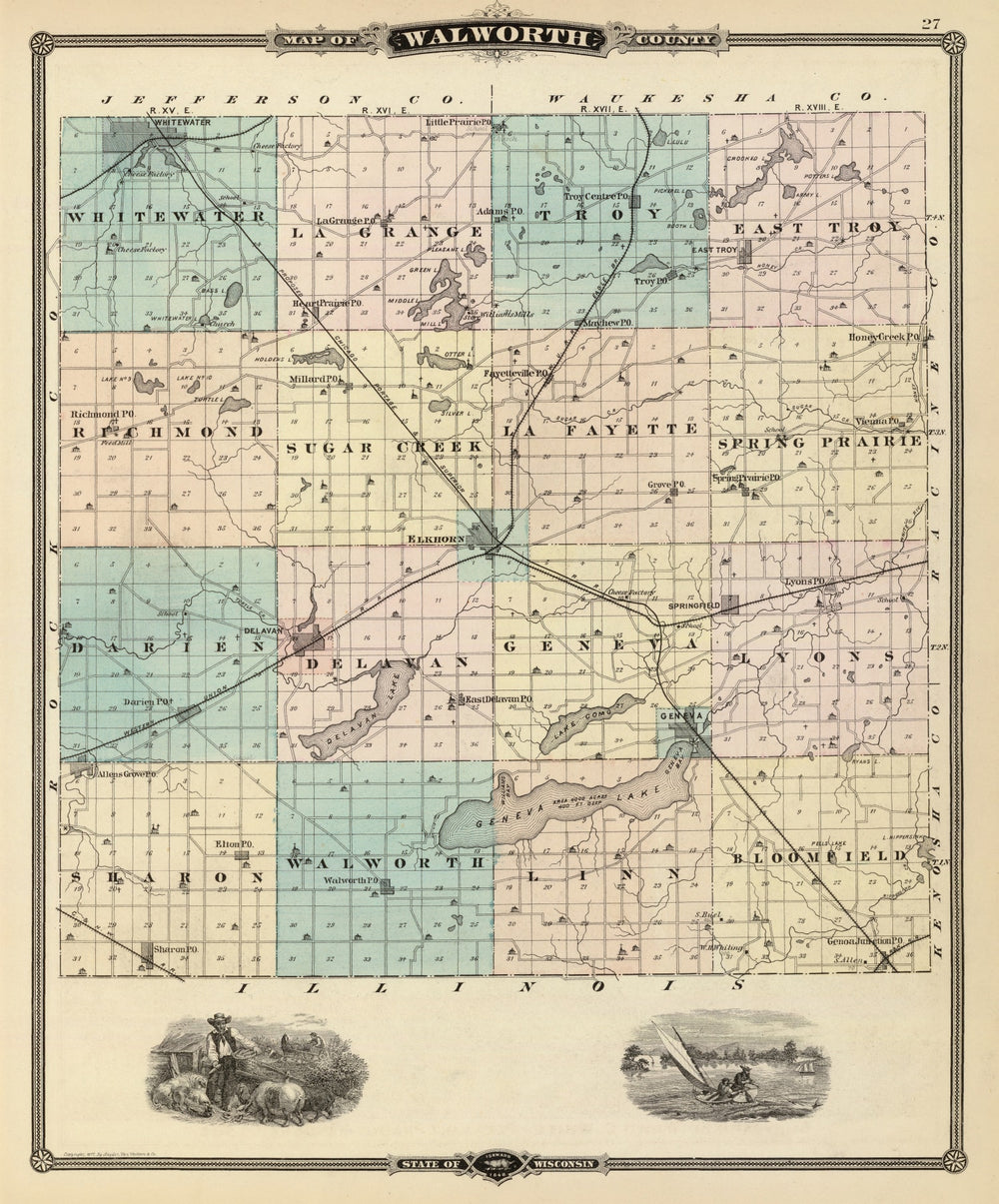Vintage Map of Walworth County, Wisconsin 1878 print style example