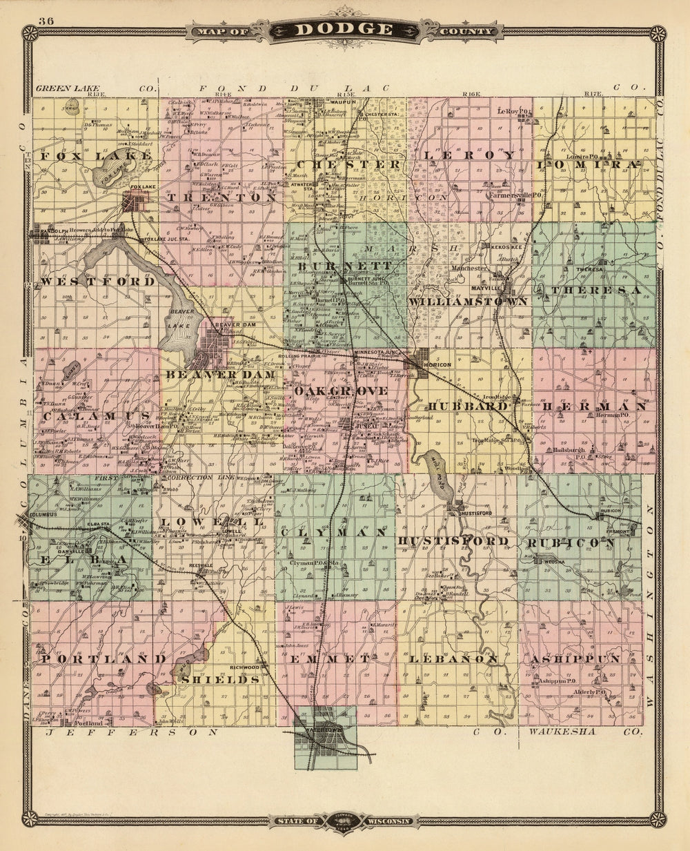 Vintage Map of Dodge County, Wisconsin 1878 print style example