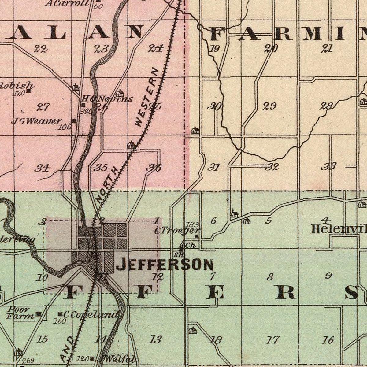 Restored historic details from the 1878 county map of Jefferson County, Wisconsin
