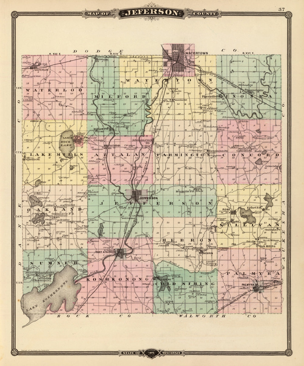 Vintage Map of Jefferson County, Wisconsin 1878 print style example