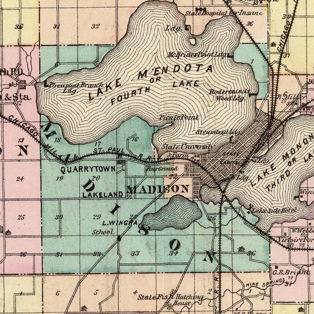 Restored historic details from the 1878 county map of Dane County, Wisconsin