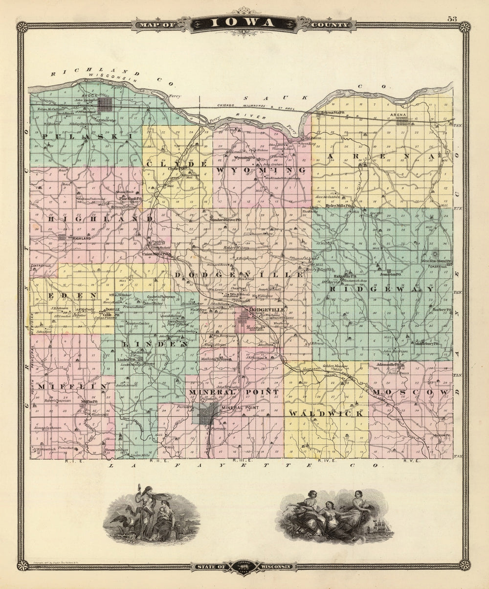 Vintage Map of Iowa County, Wisconsin 1878 print style example