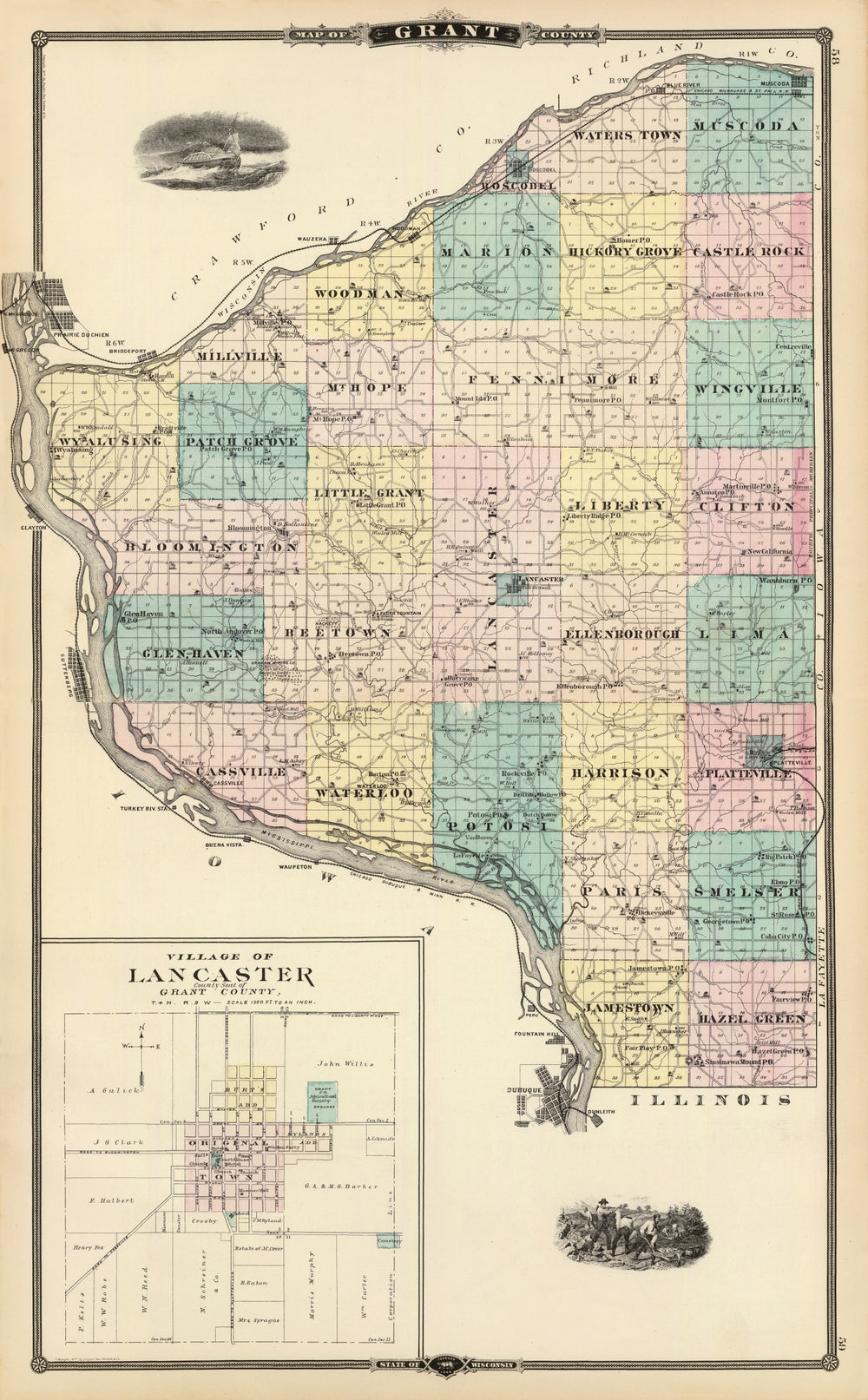 Vintage Map of Grant County, Wisconsin 1878 print style example