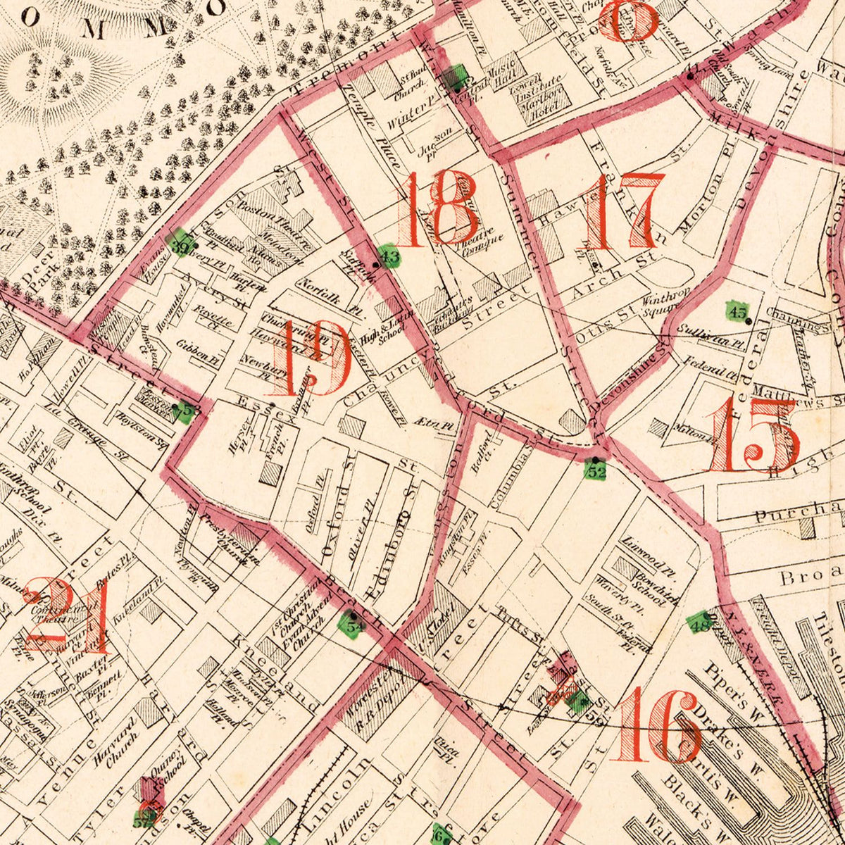 Restored historic details from the 1874 city map of Boston, Massachusetts