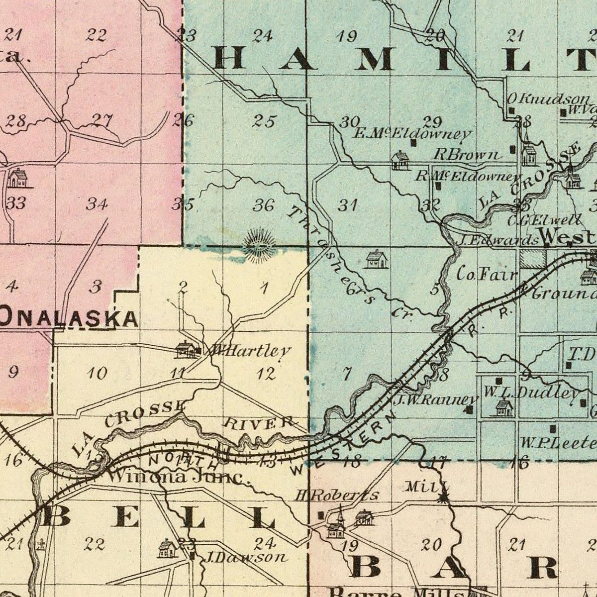 Restored historic details from the 1878 county map of Lacrosse County, Wisconsin