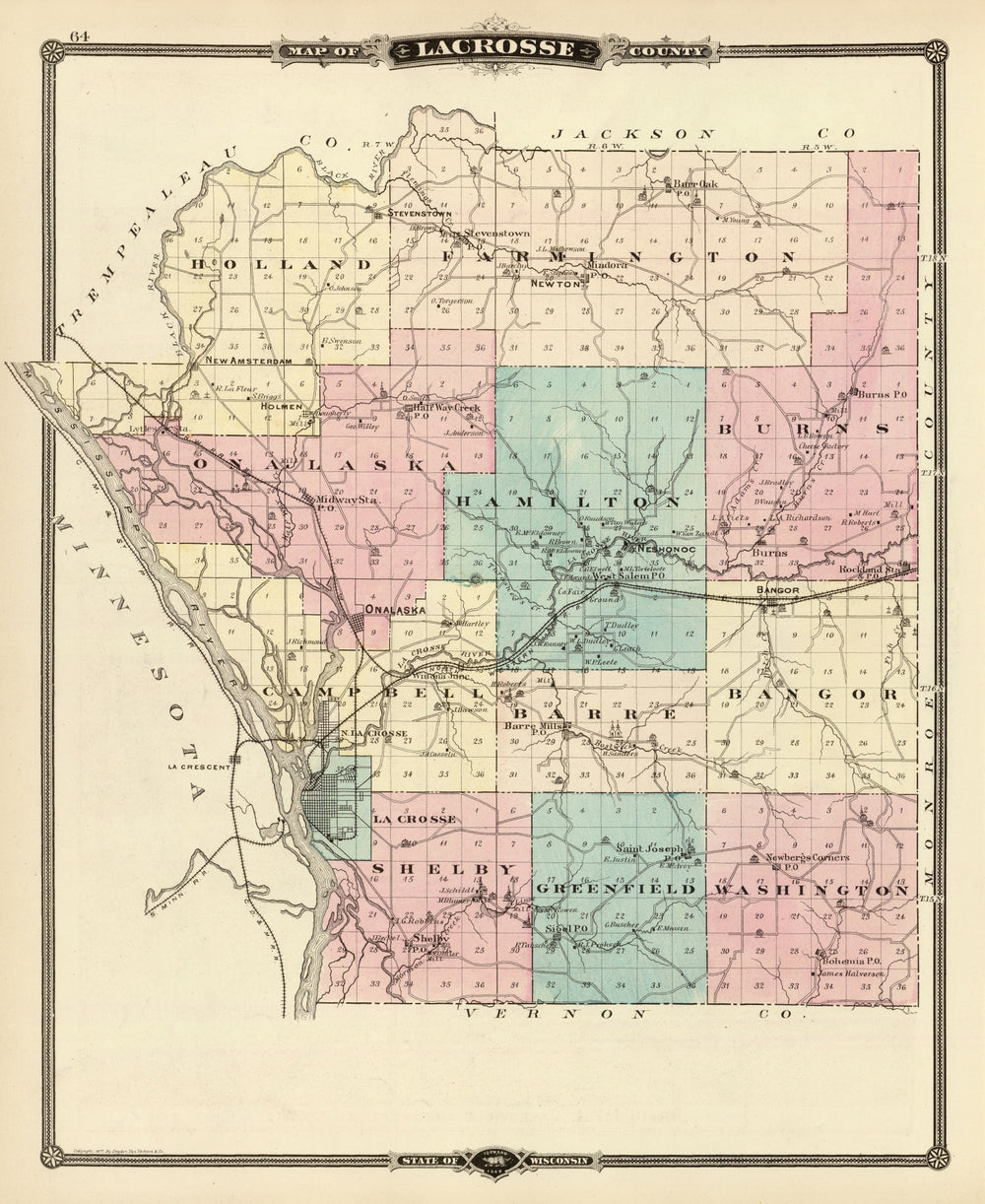Vintage Map of Lacrosse County, Wisconsin 1878 print style example