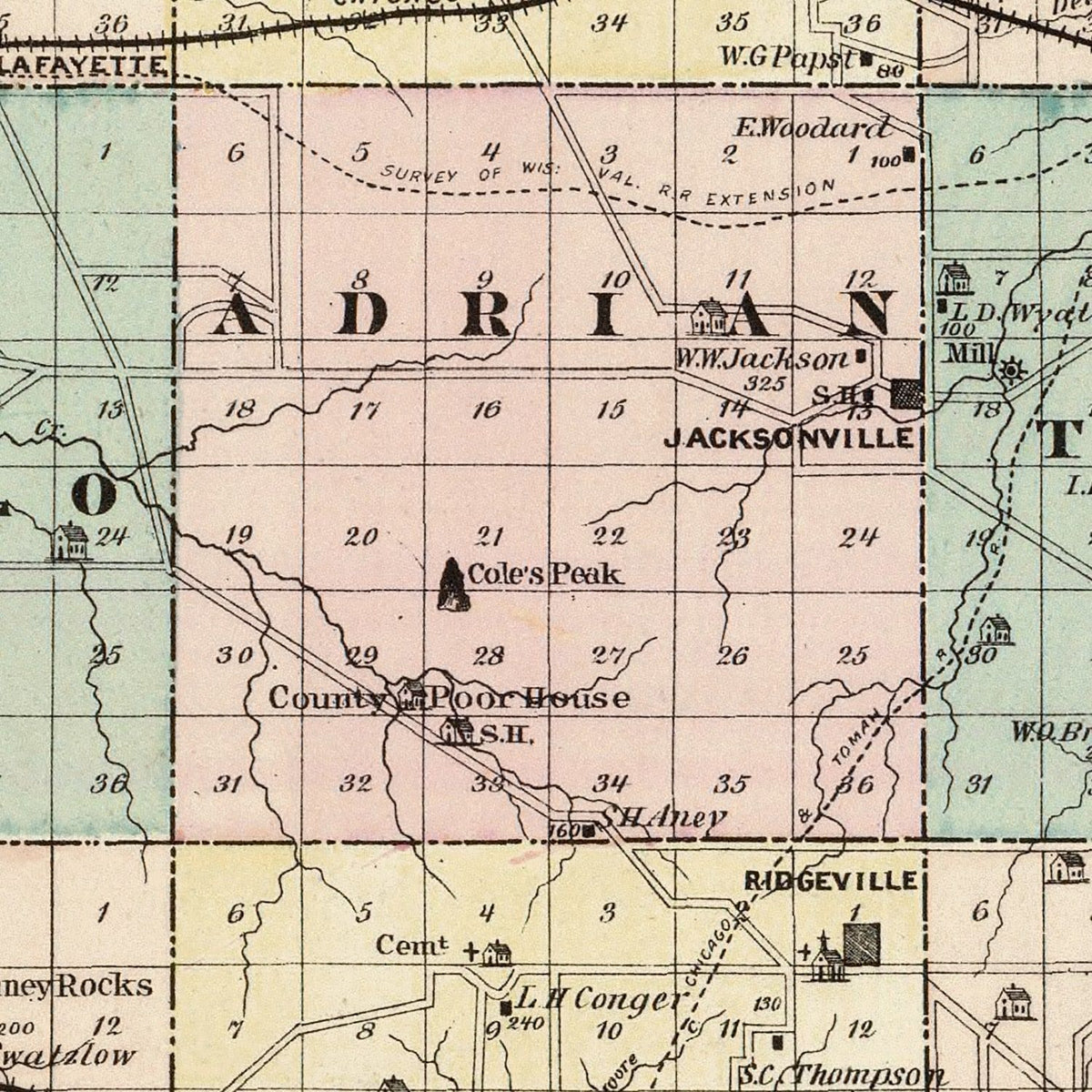 Restored historic details from the 1878 county map of Monroe County, Wisconsin