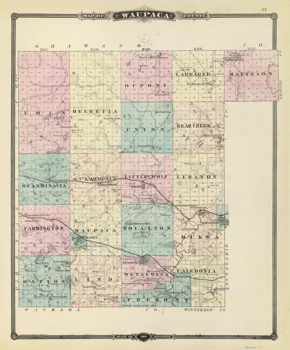 Vintage Map of Waupaca County, Wisconsin 1878 print style example