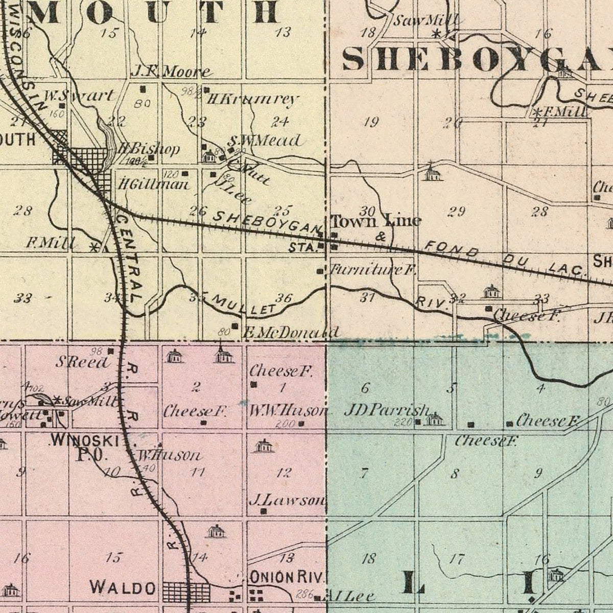 Restored historic details from the 1878 county map of Sheboygan County, Wisconsin
