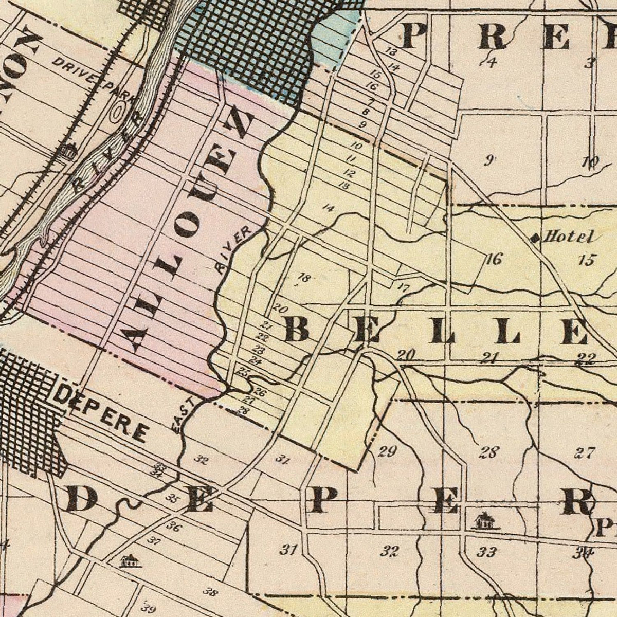 Restored historic details from the 1878 county map of Brown County, Wisconsin