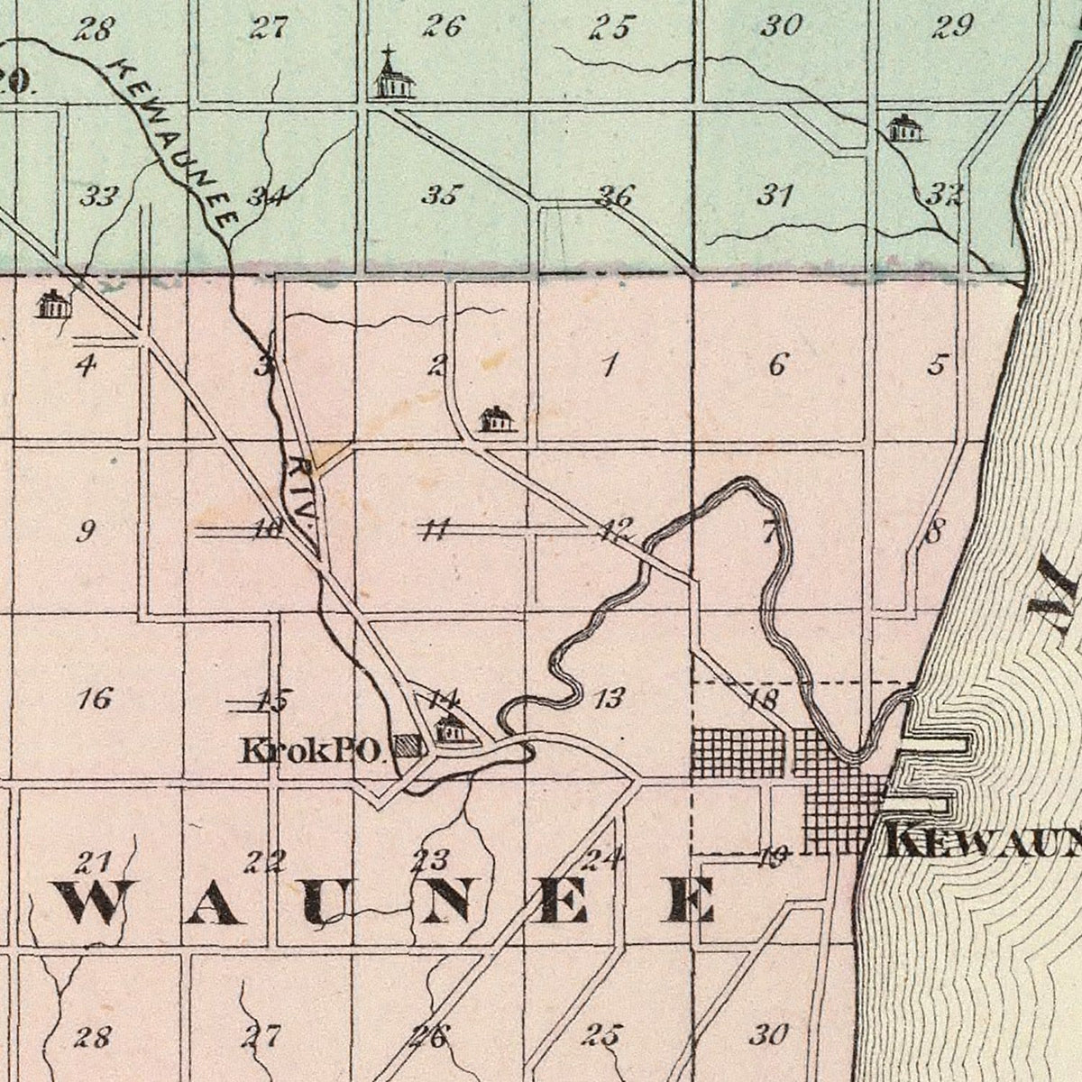 Restored historic details from the 1878 county map of Kewaunee County, Wisconsin
