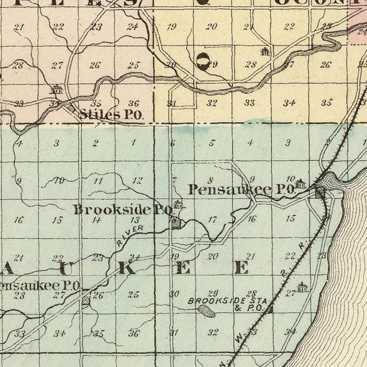 Restored historic details from the 1878 county map of Oconto County, Wisconsin