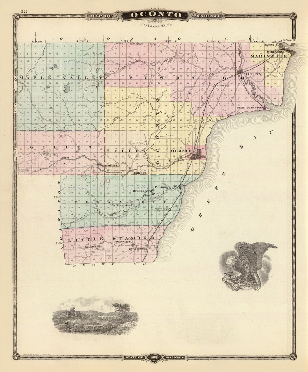 Vintage Map of Oconto County, Wisconsin 1878 print style example