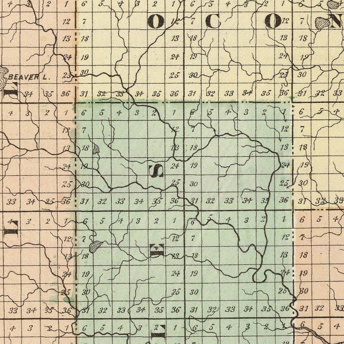Restored historic details from the 1878 county map of Oconto County, Wisconsin