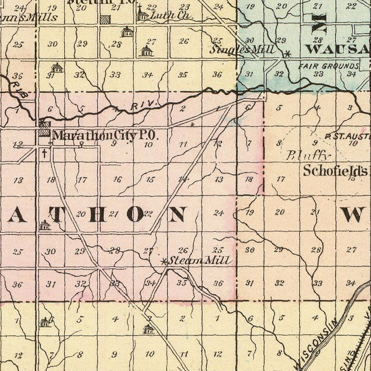 Restored historic details from the 1878 county map of Marathon County, Wisconsin