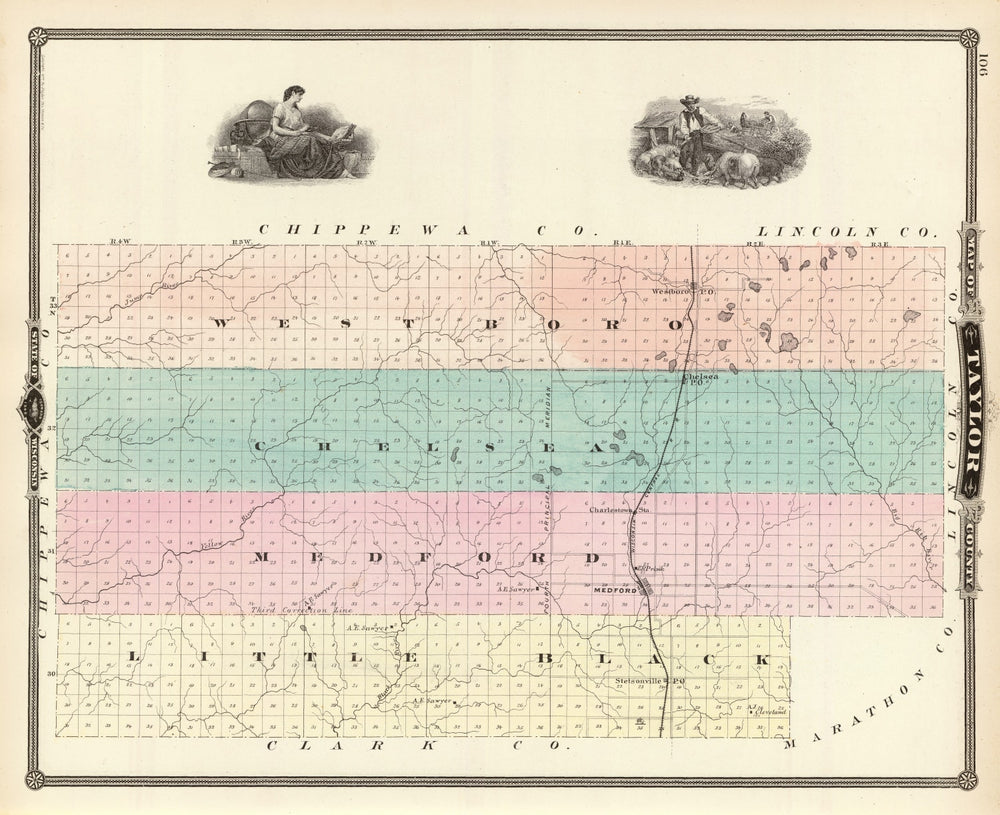 Vintage Map of Taylor County, Wisconsin 1878 print style example