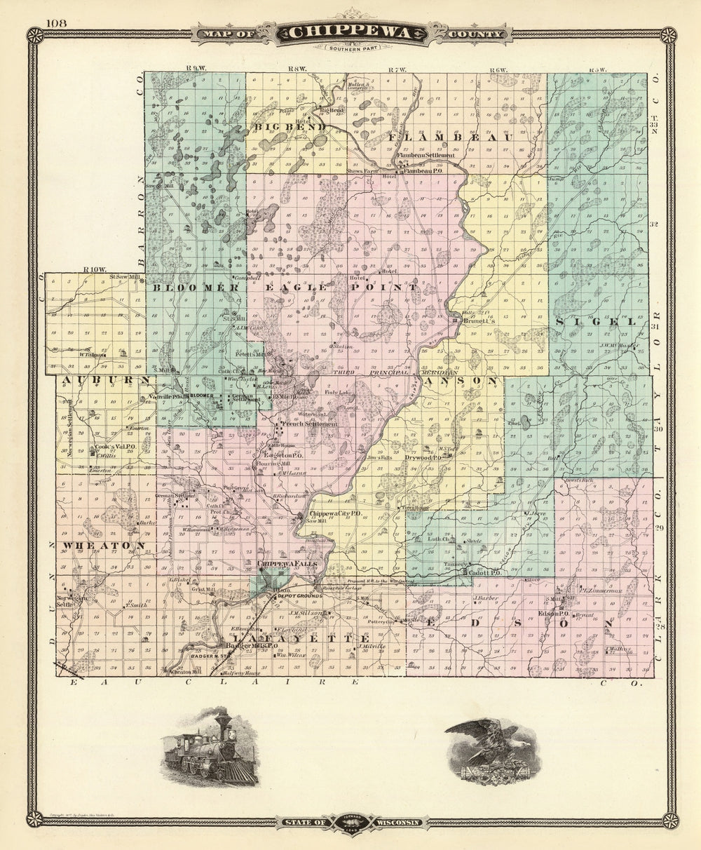 Vintage Map of Chippewa County, Wisconsin 1878 print style example