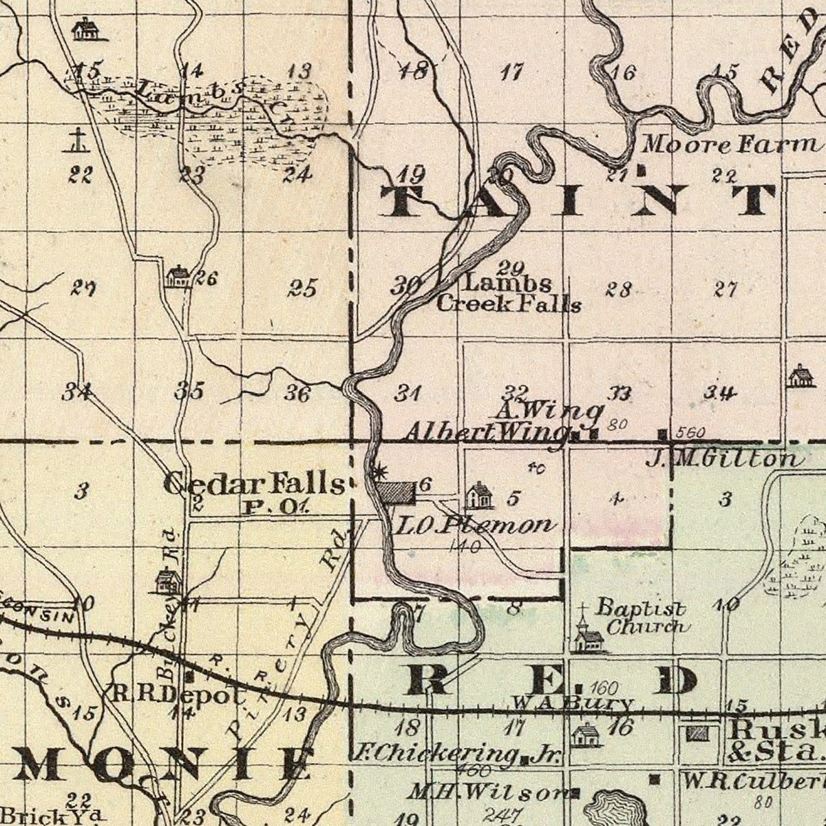Restored historic details from the 1878 county map of Dunn County, Wisconsin