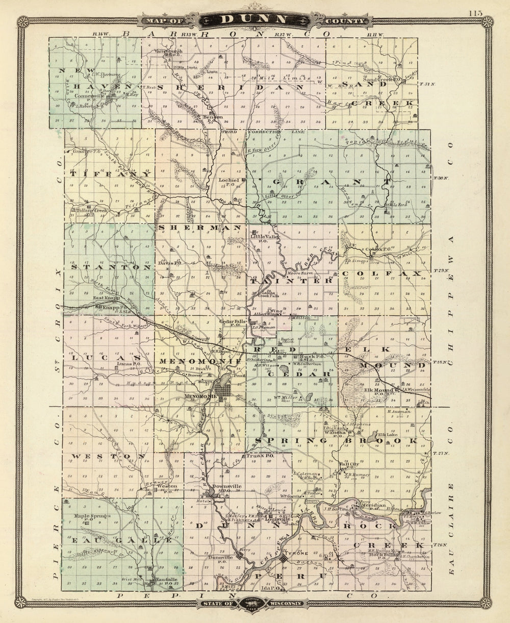 Vintage Map of Dunn County, Wisconsin 1878 print style example